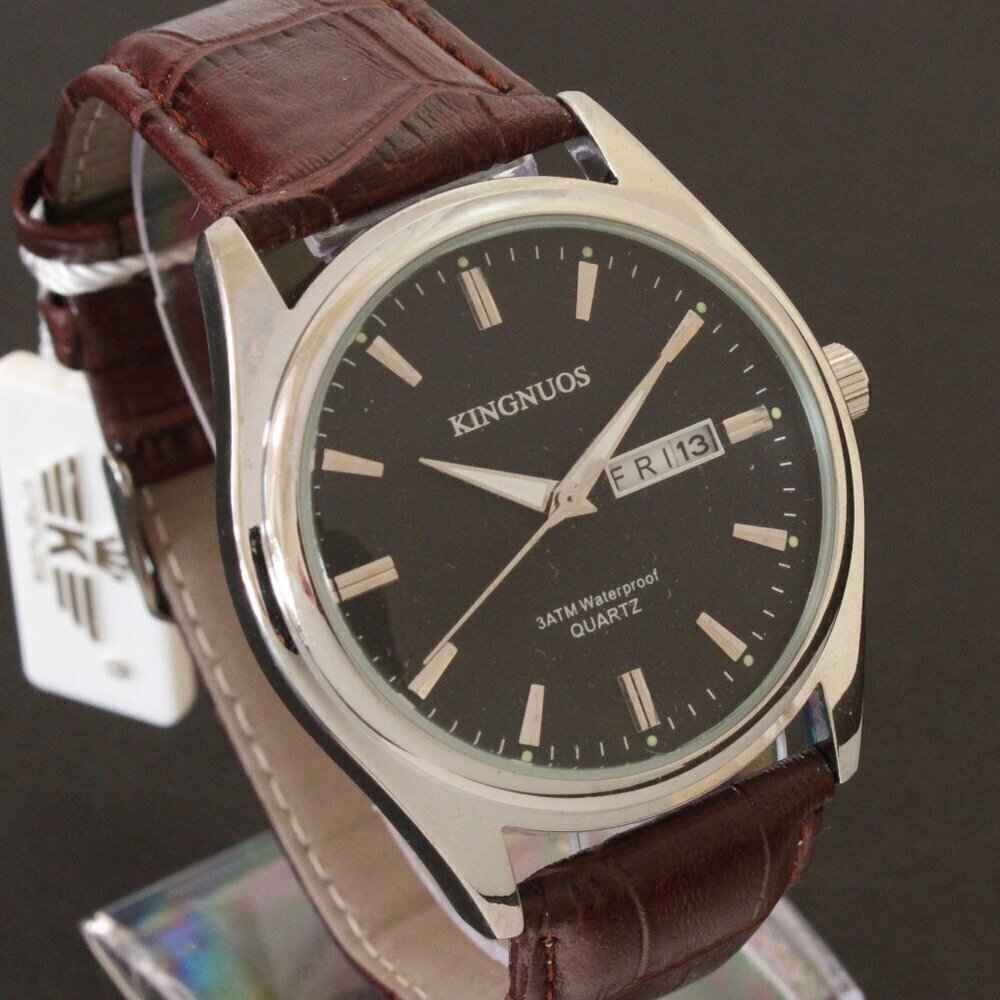 Men's Contemporary Dress Watch Silver Case Brown Leather Watch Strap 40mm - Picture 2 of 12